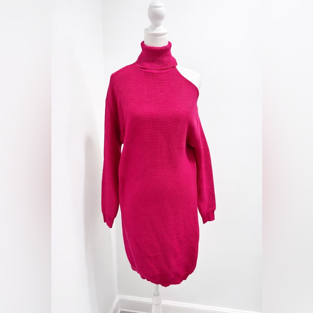 BCBGeneration One Shoulder Turtleneck Sweater Dress Peacock Pink NWT Sz S